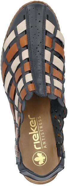 Rieker 46778 Ladies Interwoven Leather Slingback Block Heel Sandals Blue Tan Combination