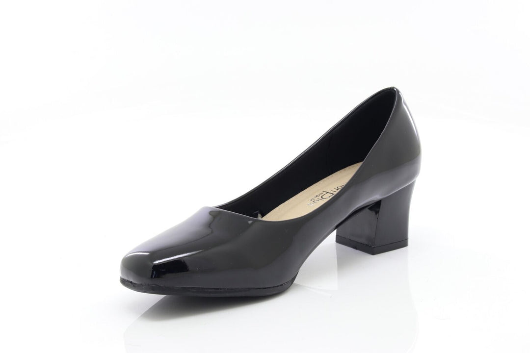 Comfort Plus Karly Ladies Wide Fit Slip On Block Heel Court Shoes Black Patent