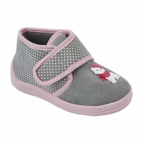 Sleepers Girls Slippers Cat Motif Polka Dot Warm Booties With Strap Grey & Pink