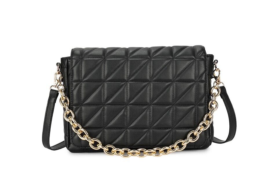 Long & Son Large Quilted Clutch Crossbody Handbag Strap Chain Card Pockets Black