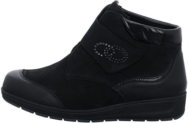 Waldlaufer Mimi 812815 Ladies Extra Wide Fitting Black Softee Leather Nubuck Diamante Strap Boots