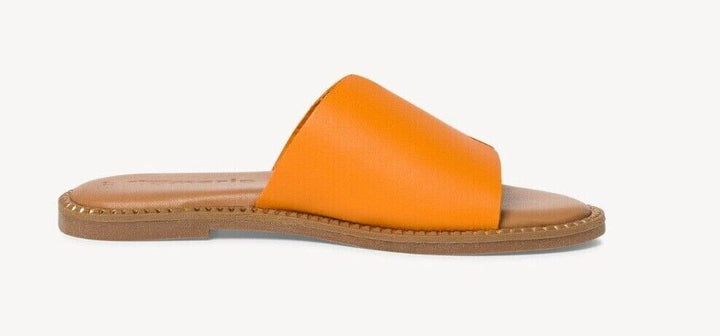 Tamaris 27135 Womens Orange Leather Flat Memory Foam Slider Mules Sandals
