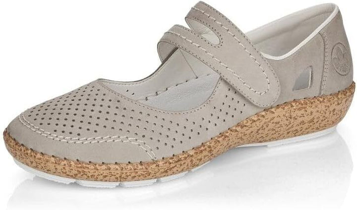 Rieker 44885 Ladies  Perforated Leather Mary Jane Strap Shoes Grey Taupe