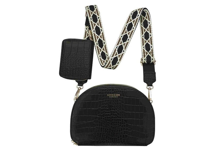 Long & Son Ladies Small Double Zip Crossbody Bag With Purse Fabric Strap Black