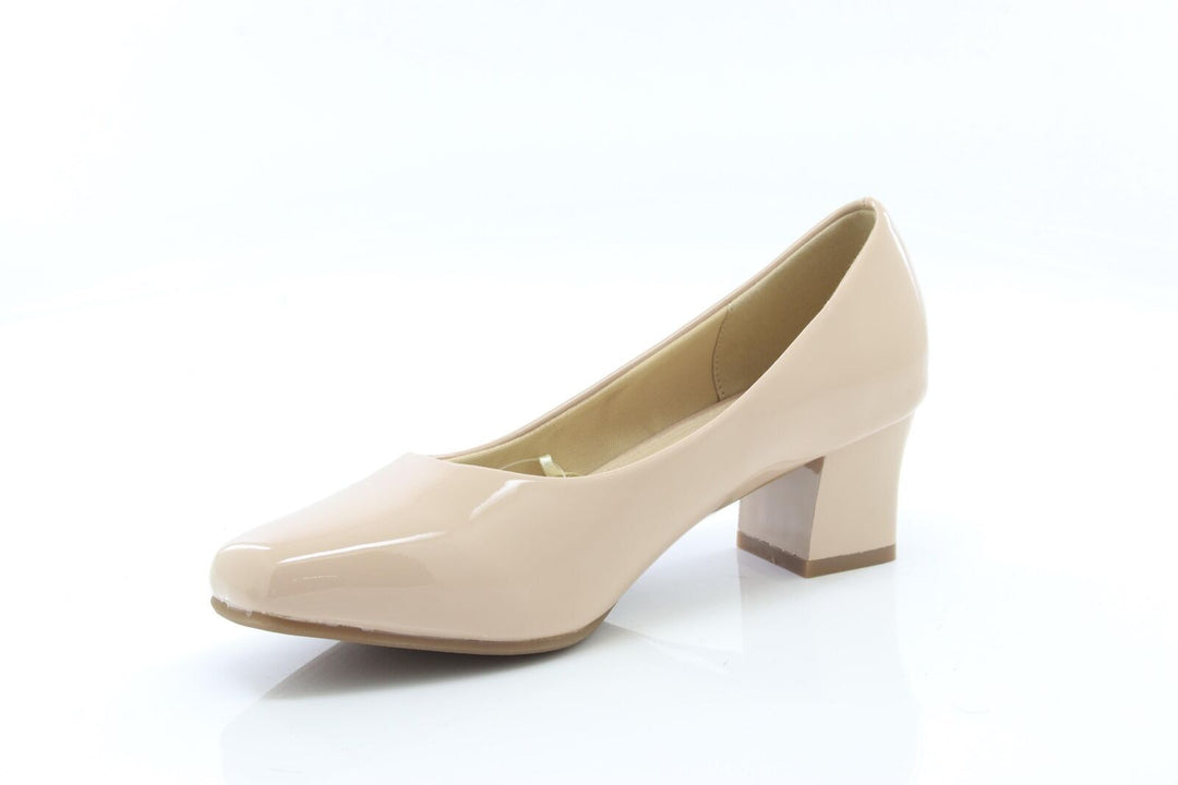 Comfort Plus Karly Ladies Wide Fit Slip On Block Heel Court Shoes Nude Patent