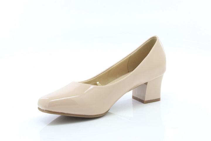 Comfort Plus Karly Ladies Wide Fit Slip On Block Heel Court Shoes Nude Patent