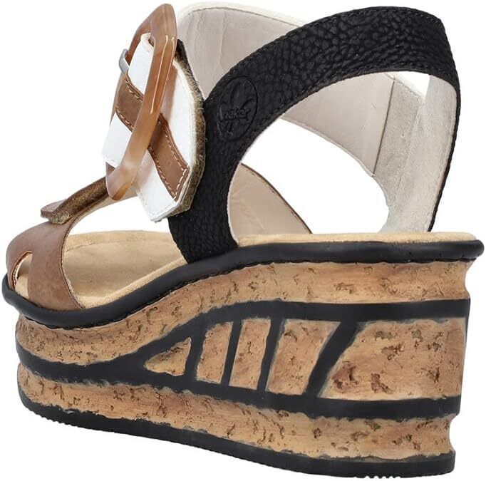 Rieker 68176 Ladies Beige/White/Black Touch Fasten Mid Wedge Slingback Sandals