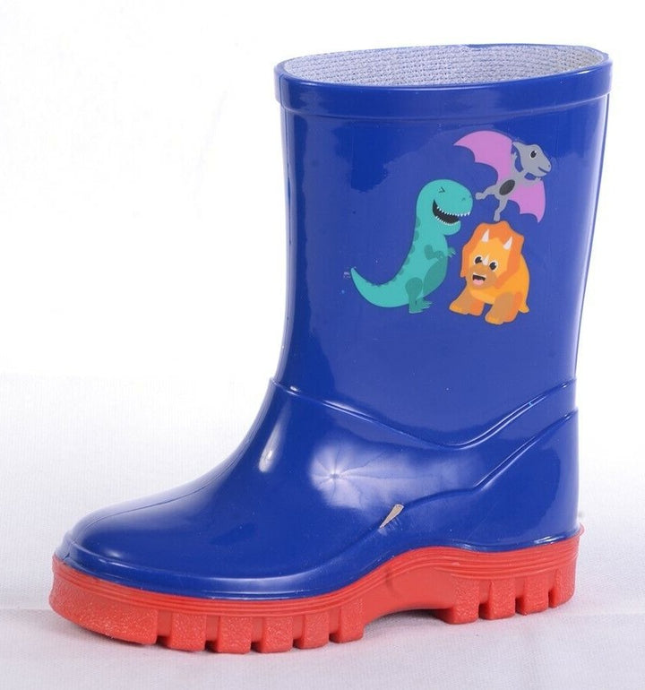 Stormwells Kids Boys Wellies Navy/Red Cute Dinosaur Motif Waterproof Boots