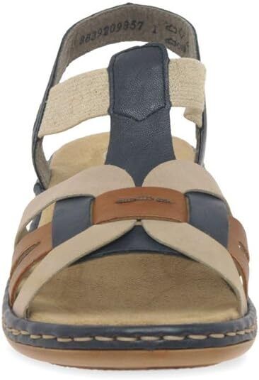 Rieker 65918 Ladies Low Wedge Elasticated Slingback Sandals Navy/Tan/Beige