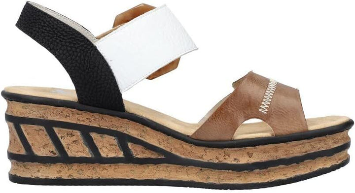 Rieker 68176 Ladies Beige/White/Black Touch Fasten Mid Wedge Slingback Sandals