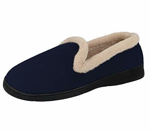 Jo & Joe Cashmere Ladies Light Weight Soft Velour Warm Lined Fleece Trim Hard Sole Slippers Navy Blue