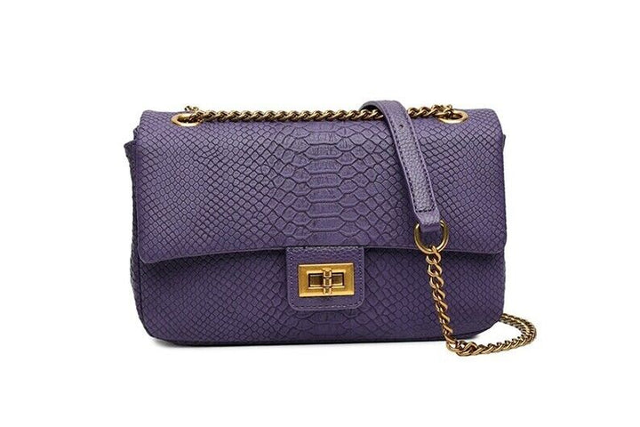 Long & Son Ladies Lizard Print Handbag Crossbody Bag Strap Chain Pockets Purple