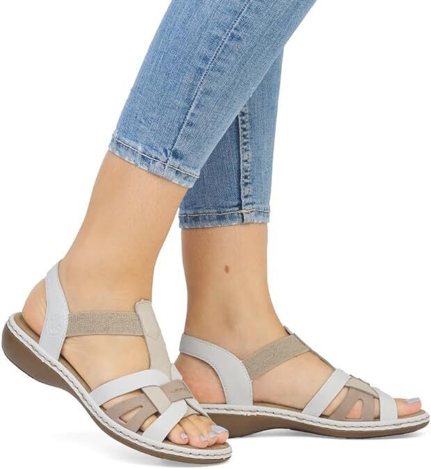 Rieker 65918 Ladies Low Wedge Elasticated Slingback Sandals White/Beige/Cream