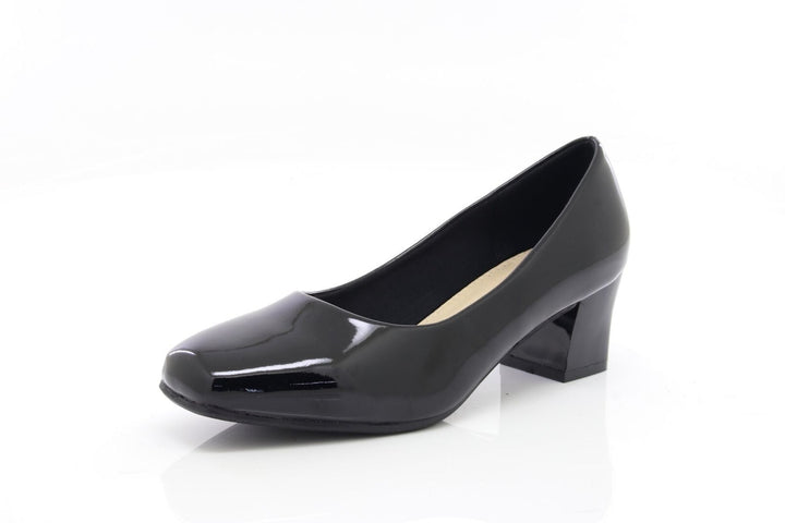 Comfort Plus Karly Ladies Wide Fit Slip On Block Heel Court Shoes Black Patent
