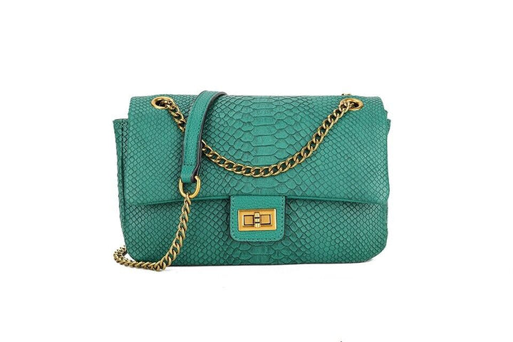 Long & Son Ladies Lizard Print Handbag Crossbody Bag Strap Chain Pockets Green