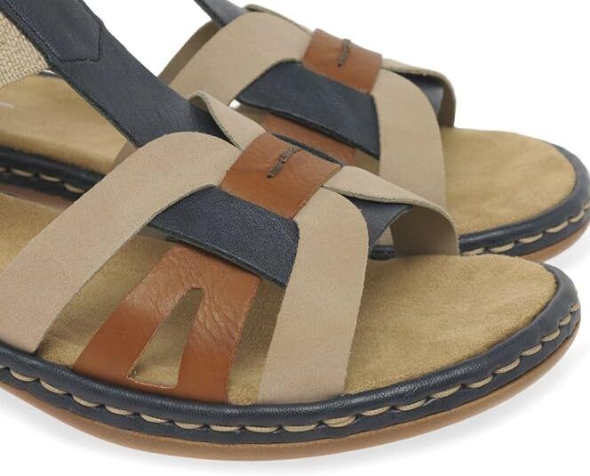 Rieker 65918 Ladies Low Wedge Elasticated Slingback Sandals Navy/Tan/Beige