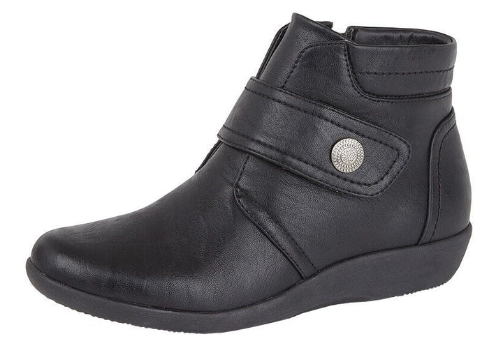 Boulevard L444A Ladies Black Wide EE Fitting Faux Leather Touch Fasten With Zip Ankle Boots