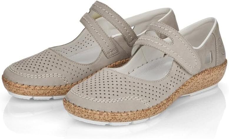 Rieker 44885 Ladies  Perforated Leather Mary Jane Strap Shoes Grey Taupe