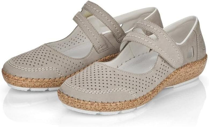 Rieker 44885 Ladies  Perforated Leather Mary Jane Strap Shoes Grey Taupe