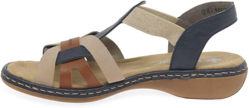 Rieker 65918 Ladies Low Wedge Elasticated Slingback Sandals Navy/Tan/Beige
