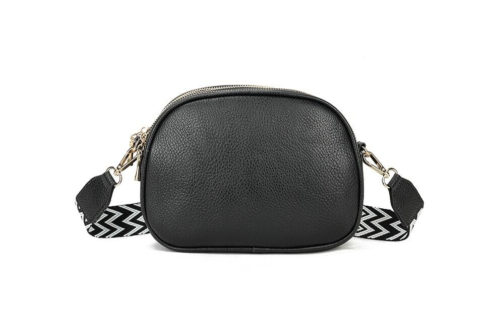 Long & Son LadiesTriple Zip Handbag Crossbody Adjustable Fabric Strap Black
