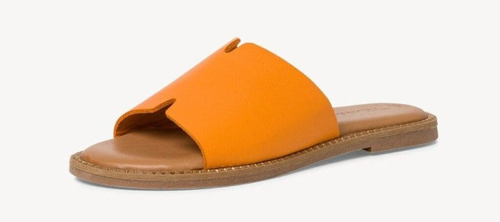 Tamaris 27135 Womens Orange Leather Flat Memory Foam Slider Mules Sandals