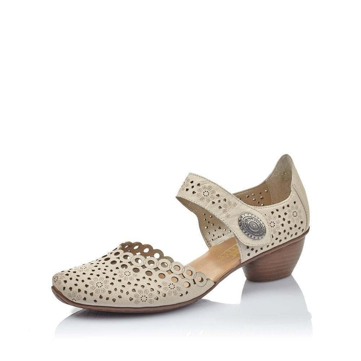 Rieker 43753 Ladies Punched Leather Mary Jane Block Heel Sandals Beige