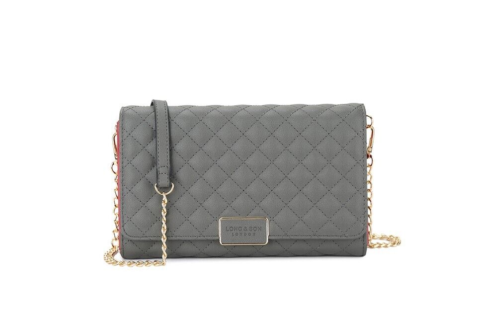 Long & Son Quilted Clutch Crossbody Handbag Strap Chain Card Pockets Grey