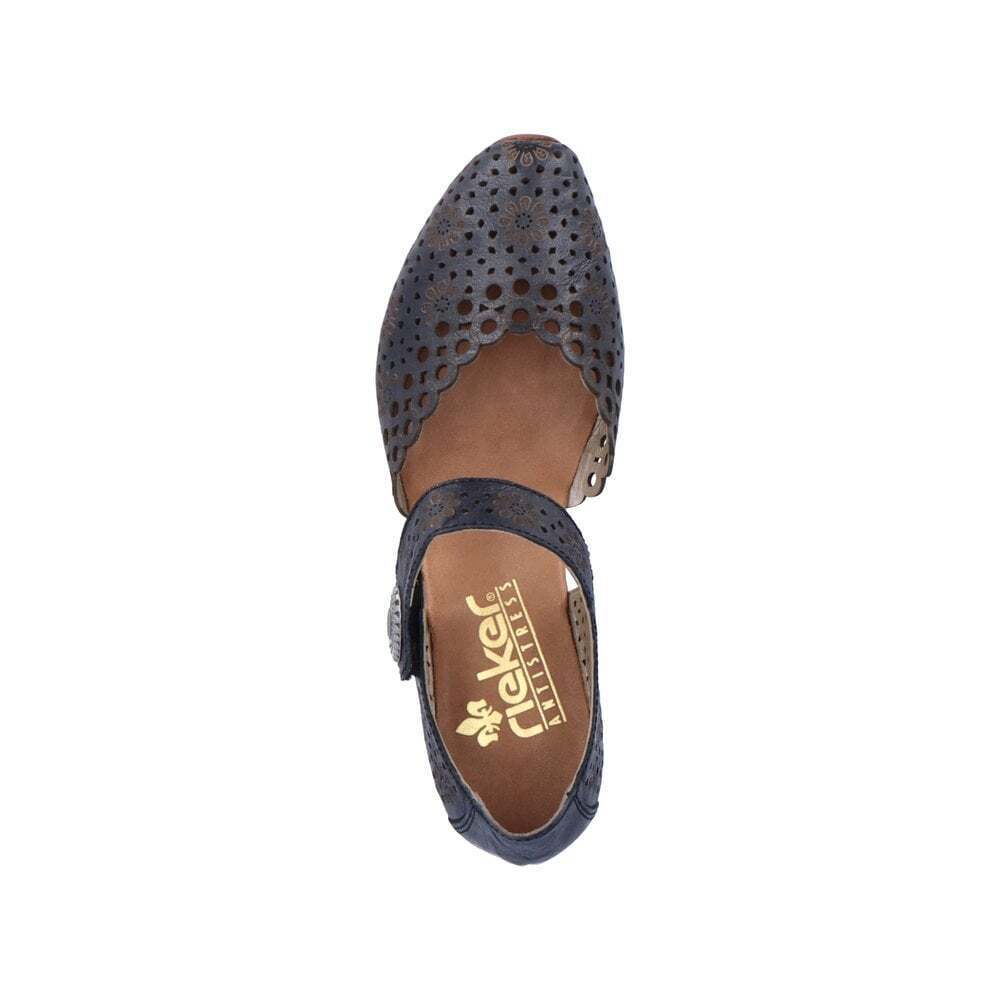 Rieker 43753 Ladies Punched Leather Mary Jane Strap Block Heel Sandals Navy