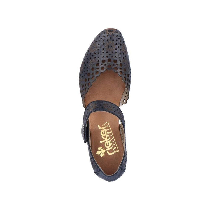 Rieker 43753 Ladies Punched Leather Mary Jane Strap Block Heel Sandals Navy