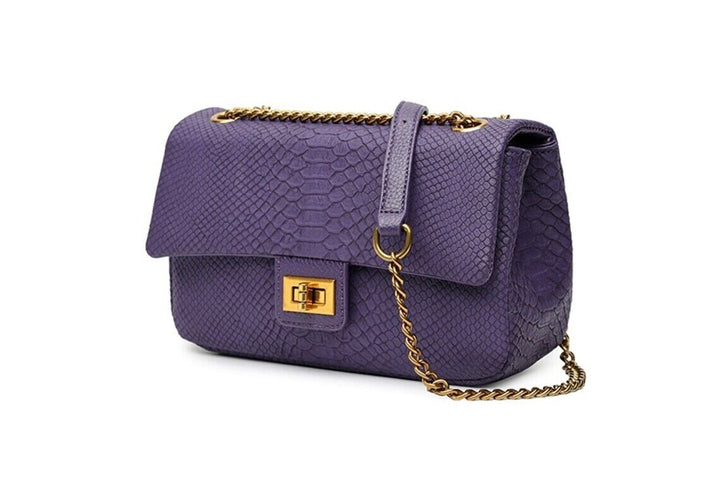 Long & Son Ladies Lizard Print Handbag Crossbody Bag Strap Chain Pockets Purple