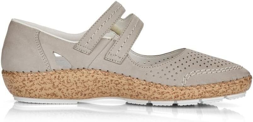 Rieker 44885 Ladies  Perforated Leather Mary Jane Strap Shoes Grey Taupe