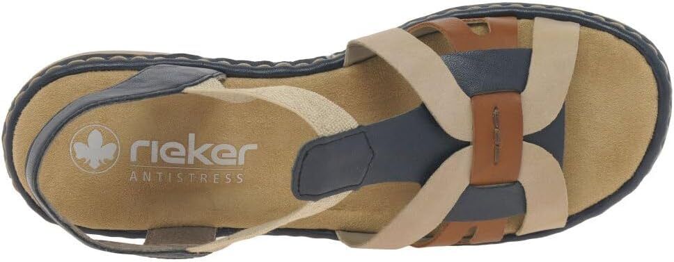 Rieker 65918 Ladies Low Wedge Elasticated Slingback Sandals Navy/Tan/Beige