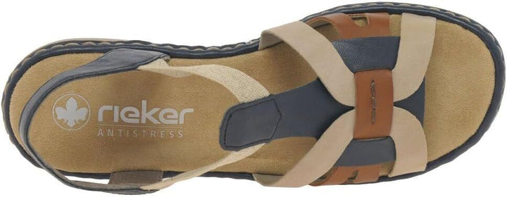 Rieker 65918 Ladies Low Wedge Elasticated Slingback Sandals Navy/Tan/Beige