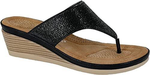 Cipriata L238 Sparkle Glitter Diamante Toe Post Cushioned Wedge Heel Mule Sandals Black