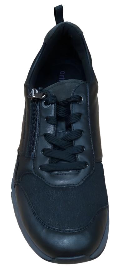 Waldlaufer H-Richard Wide Fit Black Leather With Stretch Lycra, Lace & Zip Fasten Athleisure Trainers