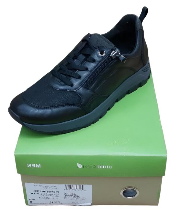 Waldlaufer H-Richard Wide Fit Black Leather With Stretch Lycra, Lace & Zip Fasten Athleisure Trainers
