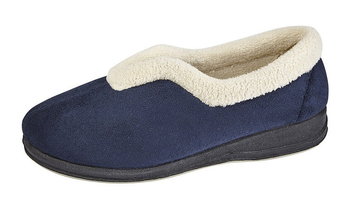 Sleepers Olivia Ladies Wide E fIT Navy Memory Foam V Throat Warm Fleece Lined Slippers