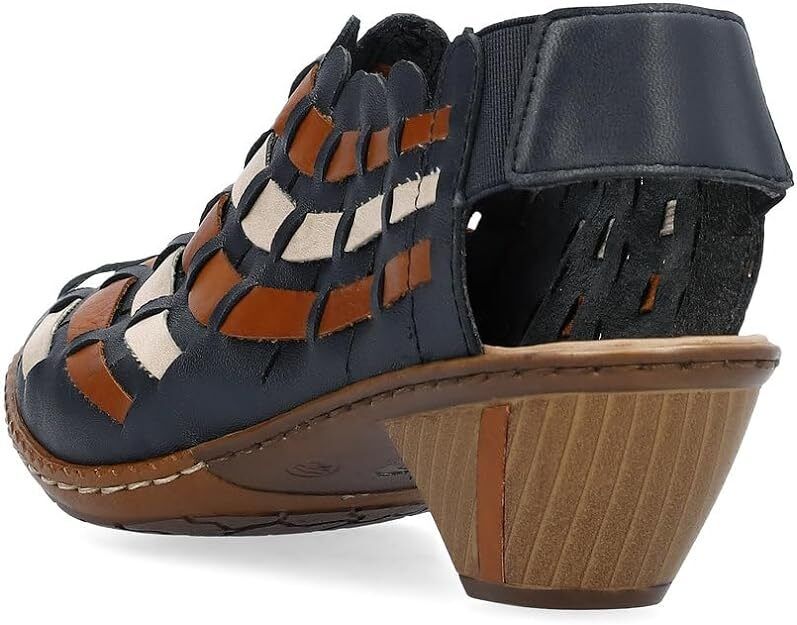 Rieker 46778 Ladies Interwoven Leather Slingback Block Heel Sandals Blue Tan Combination