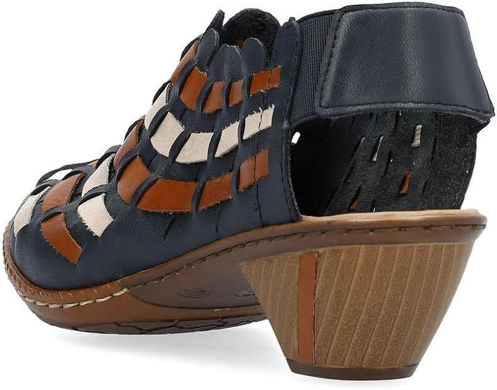 Rieker 46778 Ladies Interwoven Leather Slingback Block Heel Sandals Blue Tan Combination