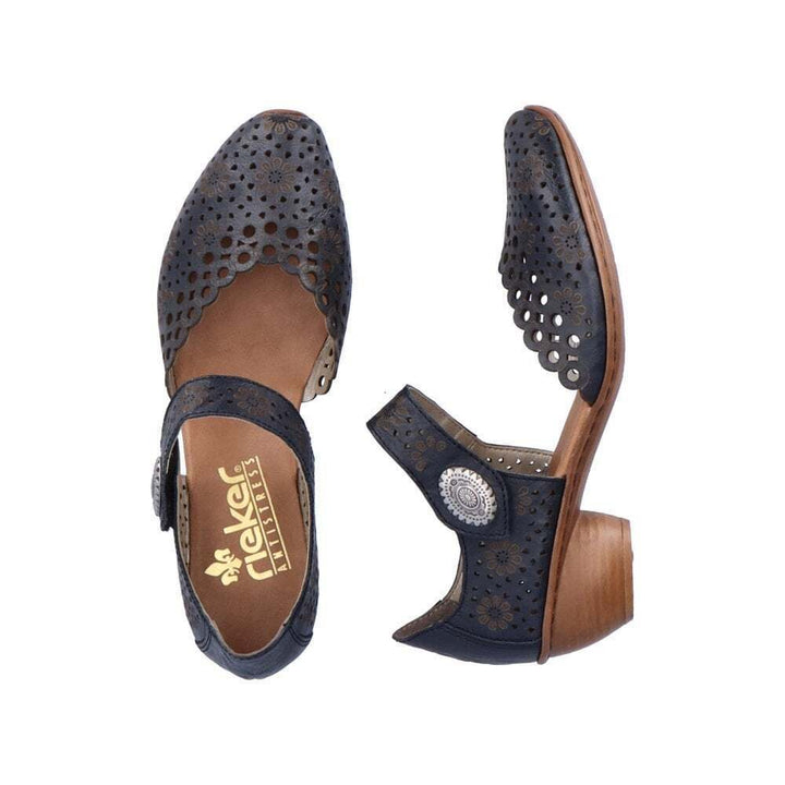 Rieker 43753 Ladies Punched Leather Mary Jane Strap Block Heel Sandals Navy