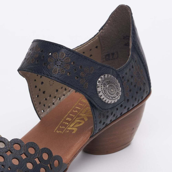 Rieker 43753 Ladies Punched Leather Mary Jane Strap Block Heel Sandals Navy