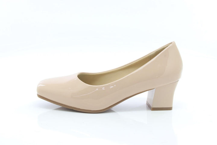 Comfort Plus Karly Ladies Wide Fit Slip On Block Heel Court Shoes Nude Patent