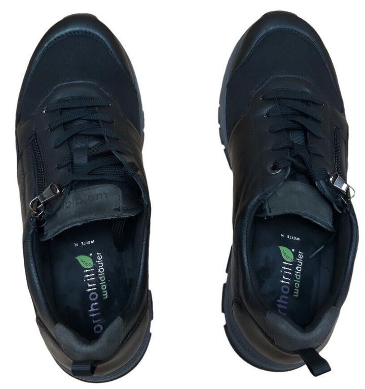 Waldlaufer H-Richard Wide Fit Black Leather With Stretch Lycra, Lace & Zip Fasten Athleisure Trainers