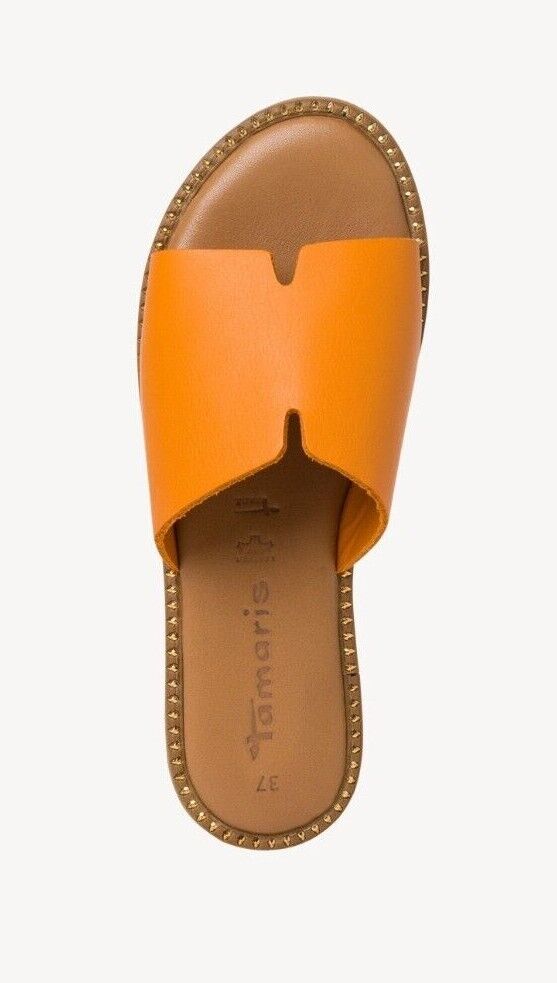Tamaris 27135 Womens Orange Leather Flat Memory Foam Slider Mules Sandals