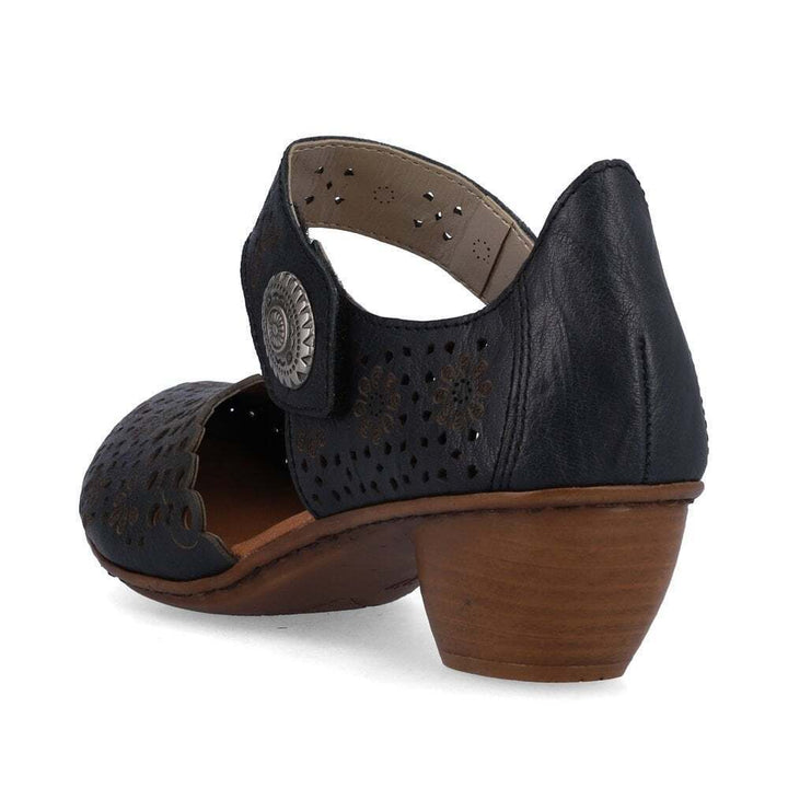 Rieker 43753 Ladies Punched Leather Mary Jane Strap Block Heel Sandals Navy