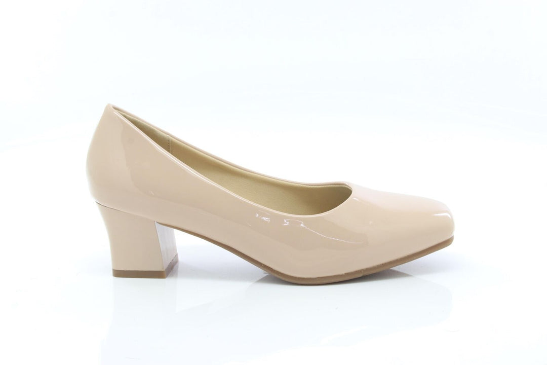 Comfort Plus Karly Ladies Wide Fit Slip On Block Heel Court Shoes Nude Patent