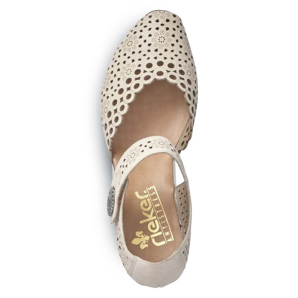 Rieker 43753 Ladies Punched Leather Mary Jane Block Heel Sandals Beige
