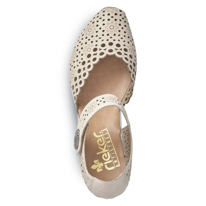 Rieker 43753 Ladies Punched Leather Mary Jane Block Heel Sandals Beige