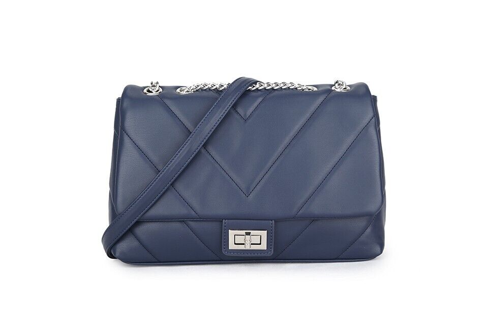 Long & Son Quilted Flap Over Crossbody Handbag Strap Chain Card Pockets Navy